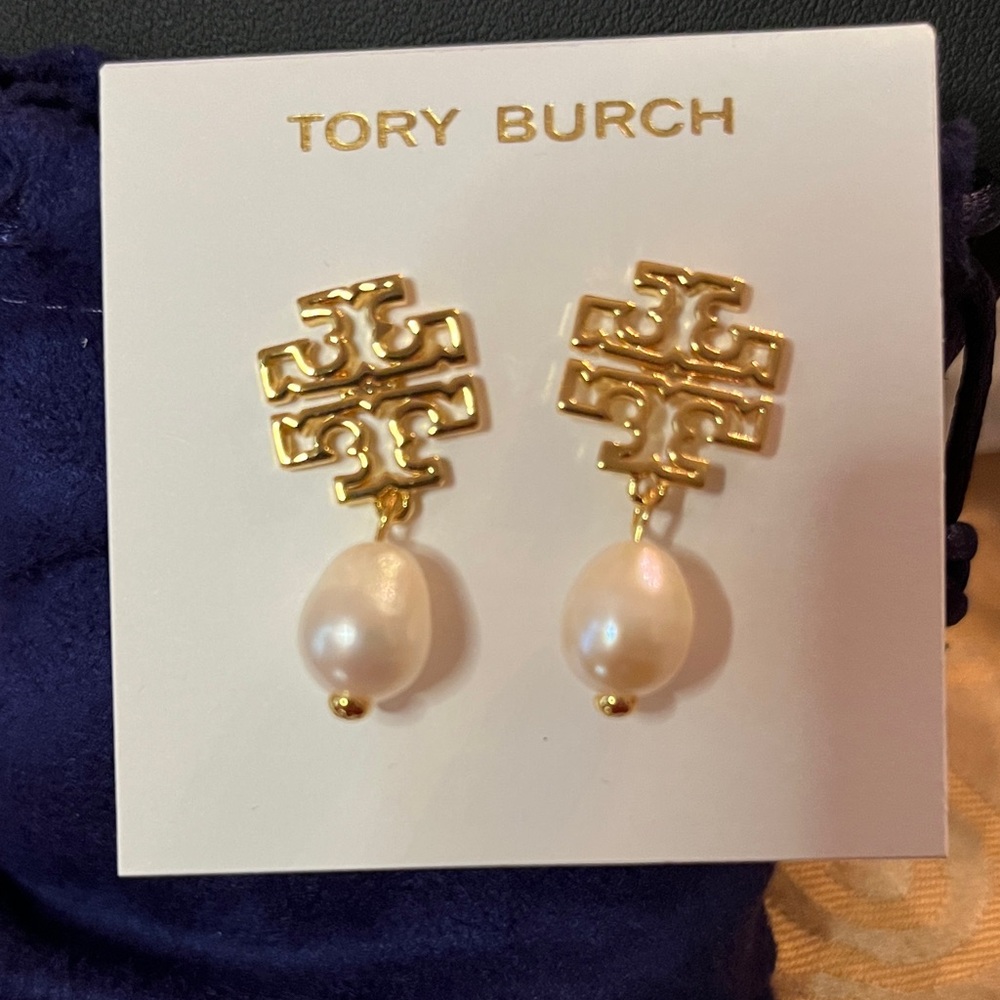 Tory Burch Gold and Cream Drop Earrings